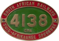 South African Railways cabside numberplate 4138 GMA SOUTH AFRICAN RAILWAYS SUID-AFRIKANESE SPOORWEE.