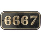 GWR brass cabside numberplate 6667 ex Collett 0-6-2 T built by Armstrong Whitworth in 1928.