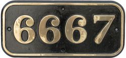 GWR brass cabside numberplate 6667 ex Collett 0-6-2 T built by Armstrong Whitworth in 1928.