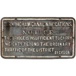 Birmingham Canal Navigations cast iron Bridge Notice in original condition as removed from a