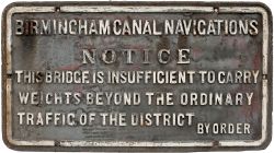 Birmingham Canal Navigations cast iron Bridge Notice in original condition as removed from a