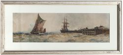 Original watercolour of a Seascape with Pier by Frank H Mason. Similar landscape format to Mason's