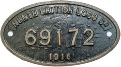 Worksplate LNER 9x5 NORTH BRITISH LOCO CO 1916 69172 ex North British N15 0-6-2T NB 47 LNER 9047/