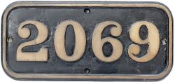 GWR brass cabside numberplate 2069 ex Dean 0-6-0 PT built at Wolverhampton in 1899. Allocations