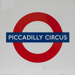 London Transport enamel roundel sign PICCADILLY CIRCUS. Measures 25in x 25in and is in very good