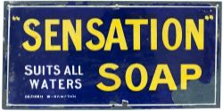 Enamel advertising sign SENSATION SOAP SUITS ALL WATERS. In fair condition with some damage,