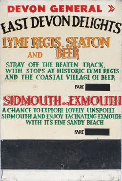 Bus sign DEVON GENERAL EAST DEVON DELIGHTS LYME REGIS, SEATON, BEER, SEATON,AND EXMOUTH. Hand