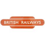 BR(NE) enamel totem shaped poster board heading BRITISH RAILWAYS, light tangerine measuring 20.5in x