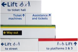 London Transport FF enamel signs x4 to include: LIFT TO TICKET HALL, 32in x 10in; TICKET MACHINES