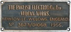 Diesel worksplate THE ENGLISH ELECTRIC CO LTD VULCAN WORKS NEWTON-LE-WILLOWS ENGLAND No 3673/