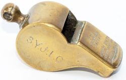 South Yorkshire Joint Lines Committee brass guards whistle, stamped on the side S.Y.J.L.C 14 and