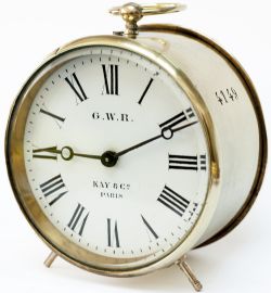 GWR brass drum railway clock with enamelled dial GWR KAY & CO PARIS. Case and movement stamped