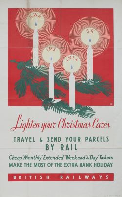 Poster WW2 BR LIGHTEN YOUR CHRISTMAS CARES showing GWR, LMS, LNER and SR candles. Double Royal