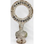 Road sign cast iron post top HAMPSHIRE MARCHWOOD. In original condition complete with mounting.