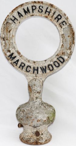 Road sign cast iron post top HAMPSHIRE MARCHWOOD. In original condition complete with mounting.