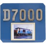 D7000 Hymek cabside numbers mounted on a display board with a photo of the locomotive. The D has