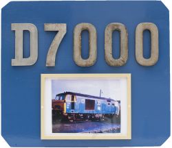 D7000 Hymek cabside numbers mounted on a display board with a photo of the locomotive. The D has