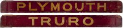 GWR/BR-W wooden carriage board PLYMOUTH - TRURO painted straw on maroon and measuring 32in long.