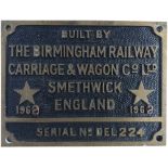 Diesel cab plate BUILT BY THE BIRMINGHAM RAILWAY CARRIAGE & WAGON CO LTD SMETHWICK ENGLAND 1962