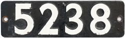 Smokebox numberplate 5238 ex GWR Churchward 2-8-0T. Built at Swindon in 1924. Allocations included