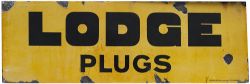 Enamel motoring advertising sign LODGE PLUGS. Measures 36in x 12in and is in good condition with