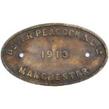 Worksplate BEYER PEACOCK MANCHESTER 1913 ex ERRIGAL (see previous lot). Oval cast brass lightly face