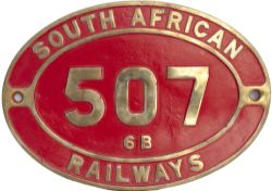 South African brass cabside numberplate SOUTH AFRICAN RAILWAYS 507 6B ex 4-6-0 built for The Cape