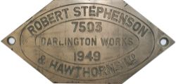 Worksplate ROBERT STEPHENSON & HAWTHORNS LTD DARLINGTON WORKS 7503 1949 ex LNER L1 2-6-4T 67769.