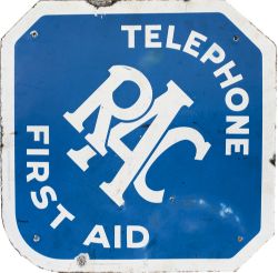 Enamel motoring road sign TELEPHONE RAC FIRST AID. Measures 22in x 22in and is in good condition