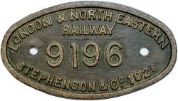 Worksplate LNER 9x5 LONDON & NORTH EASTERN RAILWAY STEPHENSON & CO 1929 9196 ex LNER N15 0-6-2T LNER