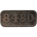 BR-W brass cabside numberplate 8480 ex Hawksworth 0-6-0 PT built by Robert Stephenson & Hawthorn