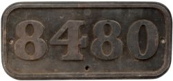 BR-W brass cabside numberplate 8480 ex Hawksworth 0-6-0 PT built by Robert Stephenson & Hawthorn