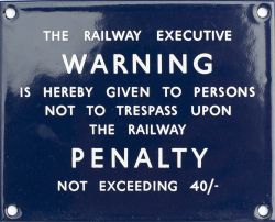 BR(E) enamel TRESPASS sign THE RAILWAY EXECUTIVE WARNING etc. In virtually mint condition measures