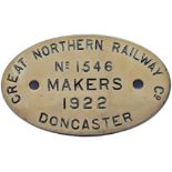 Worksplate GREAT NORTHERN RAILWAY COMPANY MAKER DONCASTER No1546 1922 ex J50 0-6-0ST GNR 223 LNER