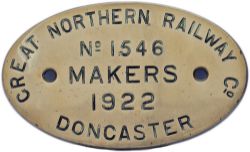 Worksplate GREAT NORTHERN RAILWAY COMPANY MAKER DONCASTER No1546 1922 ex J50 0-6-0ST GNR 223 LNER