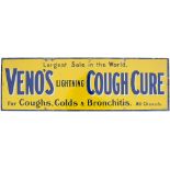 Advertising enamel sign VENO'S LIGHTNING COUGH CURE, measuring 26in x 8in, with makers name at the