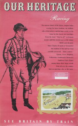 Poster BR OUR HERITAGE RACING re horse racing at many courses; Epsom, Ascot, Sandown Park etc.
