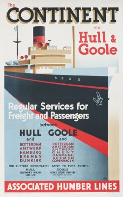 Poster ASSOCIATED HUMBER LINES THE CONTINENT VIA HULL & GOOLE by Harry Rodmell. Double Royal 25in