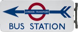 London Transport enamel street direction sign BUS STATION. Double sided measuring 24.5in x 10.5in.