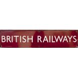 BR(M) enamel double royal poster board heading BRITISH RAILWAYS in full. Measures 27in x 5.75in