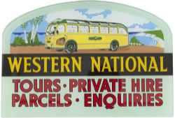 Bus advertising sign WESTERN NATIONAL TOURS PRIVATE HIRE PARCELS ENQUIRIES, with a pictorial image