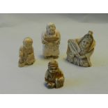 A Japanese ivory Netsuke carved as a basket maker carrying his wares, oval base, turned feet, 8.