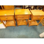 Three light oak finished single drawer bedside tables