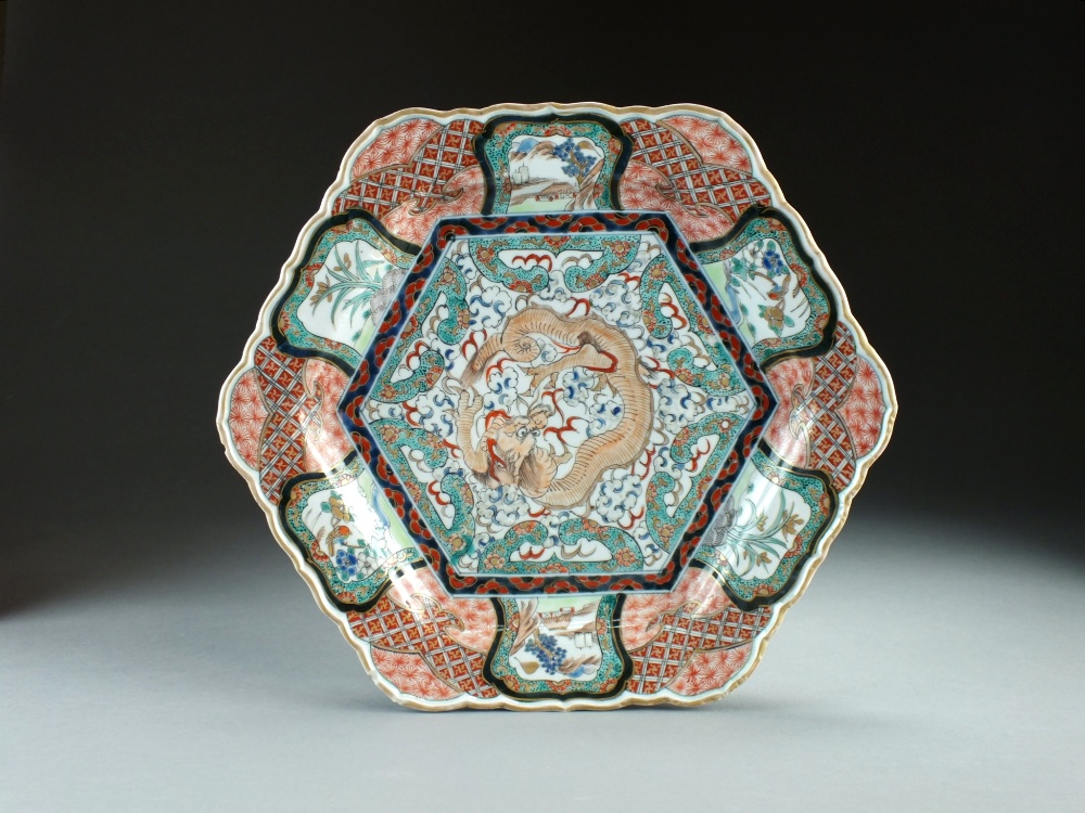 A Japanese Imari dish, Meiji period, of hexagonal form with lobed rim,