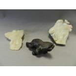 Three Chinese hardstone carvings including a soap stone figure of Shoulao,