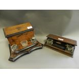 An Edwardian walnut desk standish and letter box together with an Edwardian oak desk standish and