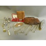 A collection of silver sugar tongs, silver cruets, a presentation silver spoon,