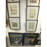 A collection of six framed cartoons together with a pair of reproduction advertising posters