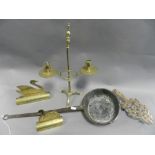 Brass wares to include a footman, a pair of two branch candelabra, a collection of swan ornaments,