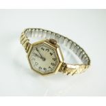 A Lady's 9ct gold Rolex wristwatch, the octagonal silvered dial with Arabic numerals, manual wind,